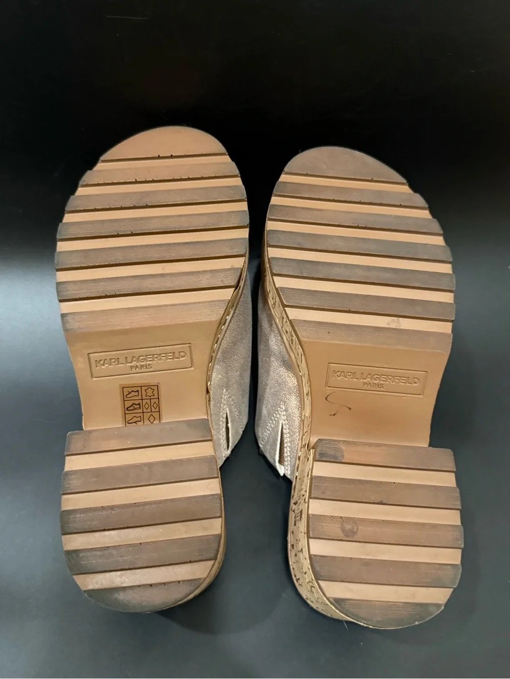 KARL LAGERFELD Clarina Metallic Gold Leather Cork Platform Sandals US Size 8M